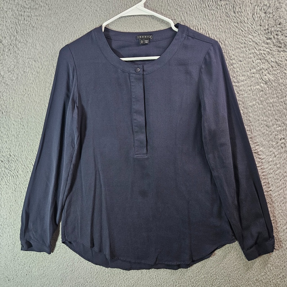 Theory 100% Silk Shirt Top Women Small Long Sleeve‎ 1/2 Button Navy